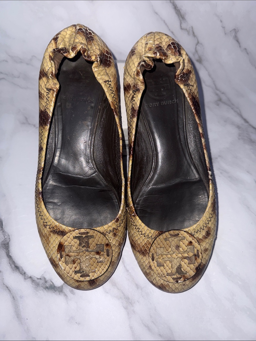 Tory Burch Snake-Print Reva Ballet Flats in Tan and Brown